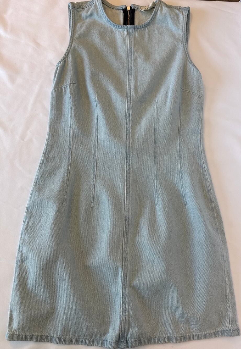 Harper Heritage Denim Pleated Mini Dress Light Wash Jean Zip Back Medium